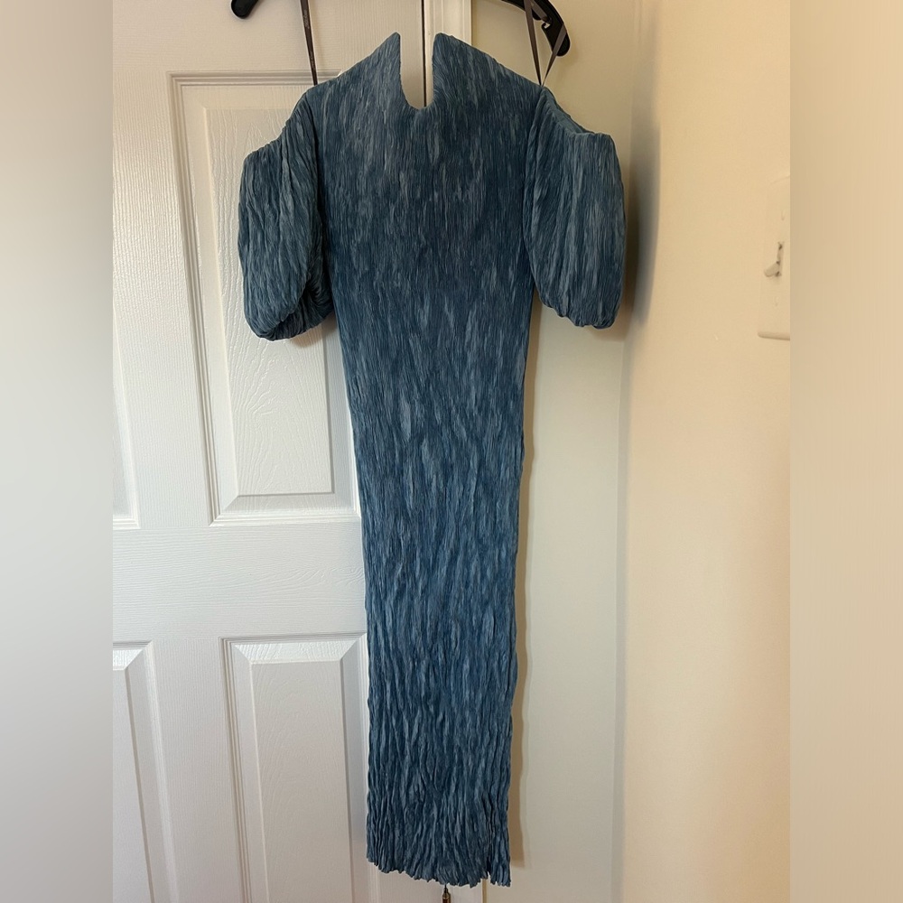 LELA ROSE ruffled bodycon blue dress